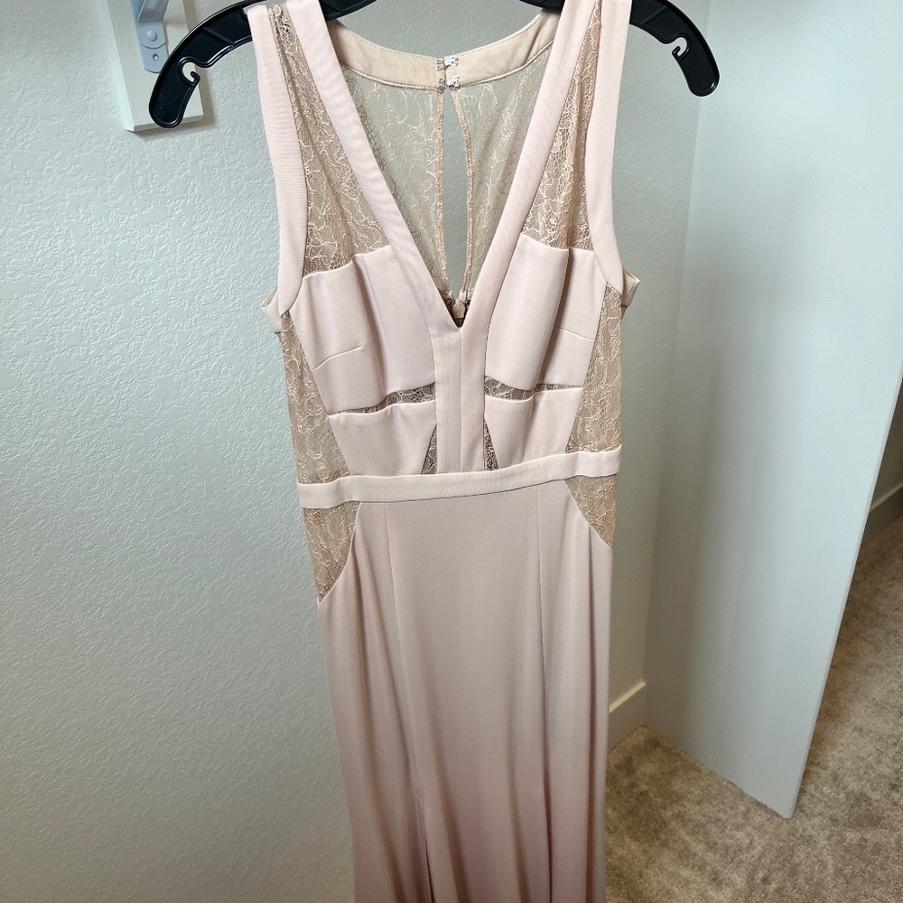 BCBGMaxAzria Pale Blush V-Neck Lace-Panel Prom Gown